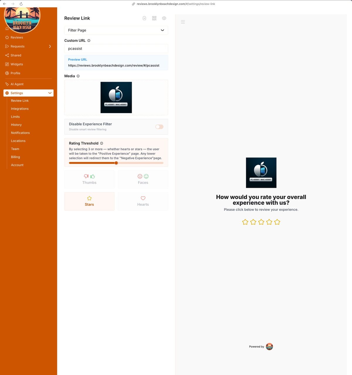 Branded review page with business name and shareable review link