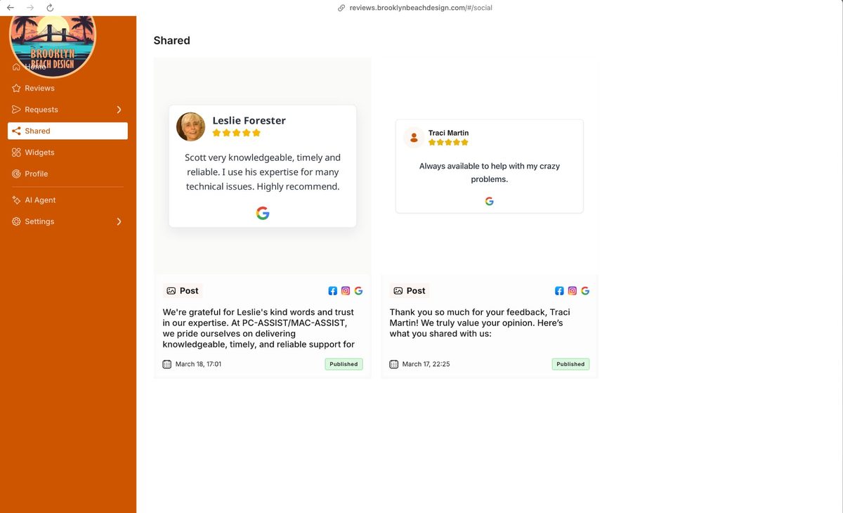 Auto-share panel exporting a 5-star review to Facebook and Instagram with AI caption